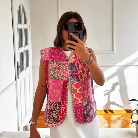 Chaleco Acolchado Vintage para Mujer Patchwork Bohemio Estampado Floral Sin Mangas Con Cordones Delanteros Estilo Étnico Boho