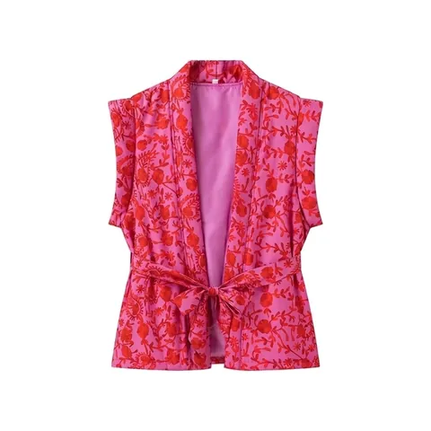 Dames Street Fashion Bloemenprint Vest Jas Mouwloos Polyester Gewatteerde Bodywarmer Met Riem V-Hals Herfst Bovenkleding