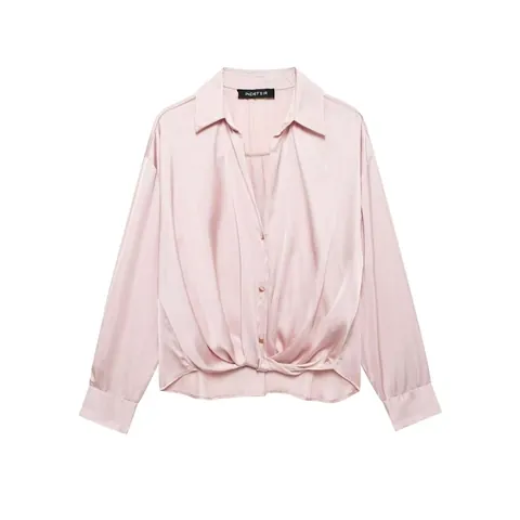 Women Elegant Satin Long Sleeve Blouse V Neck Twist Knot Front Loose Fit Silk Look Shirt Solid Color Commuter Top