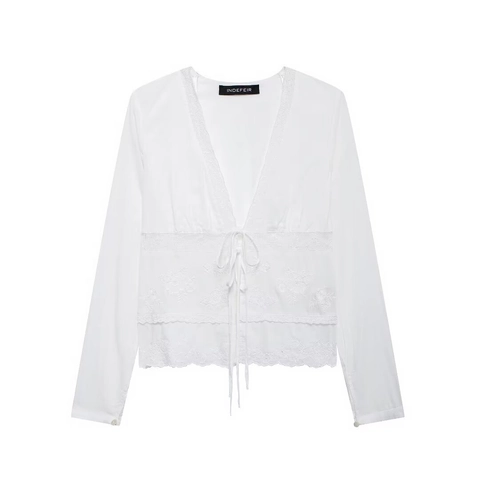 Camicetta da Donna con Scollo a V e Maniche Lunghe Ricamata con Lacci e Fiocco Elegante Top in Poliestere con Patchwork in Pizzo