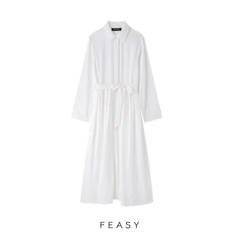 Women Elegant Solid Color Long Sleeve Shirt Midi Dress High Waist With Bow Tie Belt Single Breasted Polyester Swing Dress