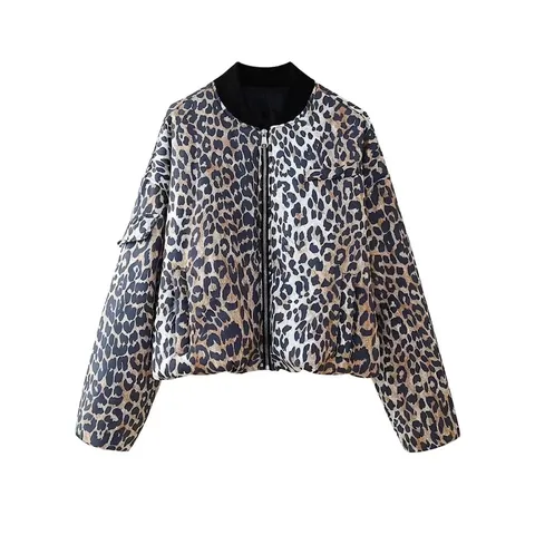 Veste Bomber Imprimé Léopard pour Femme 100% Polyester Fermeture Éclair Col Montant Manteau Streetwear avec Poche de Manche