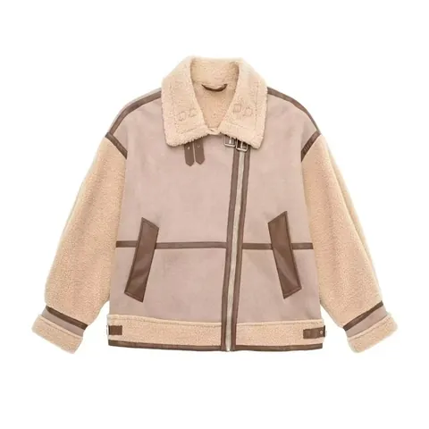 Dames Jas Van Imitatielamswol Patchwork Vintage Suède Pilotenjas Met Gespkraag Rits Winterjas Voor Dames