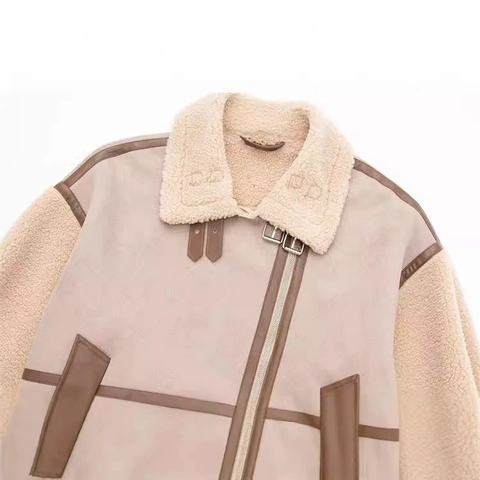 Dames Jas Van Imitatielamswol Patchwork Vintage Suède Pilotenjas Met Gespkraag Rits Winterjas Voor Dames