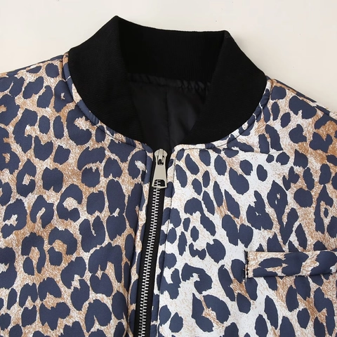 Veste Bomber Imprimé Léopard pour Femme 100% Polyester Fermeture Éclair Col Montant Manteau Streetwear avec Poche de Manche
