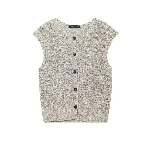 Women Casual Knit Vest Round Neck Sleeveless Melange Gray Button Down Knitted Sweater Waistcoat Autumn Fashion Top