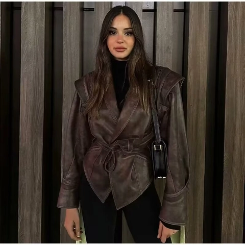 Chaqueta de Cuero PU Vintage para Mujer Streetwear Abrigo con Cinturón Detalles de Cordones en Los Hombros Manga Larga Moda Invierno