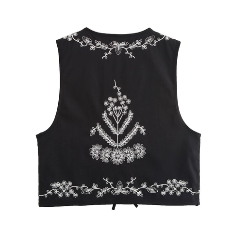 Women Retro Floral Embroidered Vest V Neck Lace Up Sleeveless Short Waistcoat Ethnic Style Black Boho Crop Top For Ladies