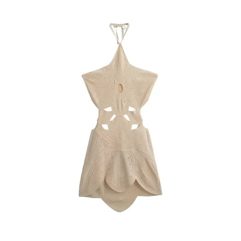 Women Halter Crochet Mini Dress Hollow Out Backless Beach Vacation Solid Color Knit Dress For Summer Party