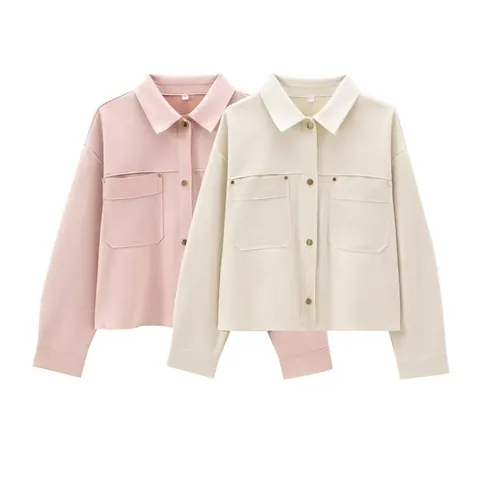 Women Suede Texture Short Jacket Long Sleeve Polo Collar Solid Color Single Breasted Utility Jacket With Flap Pockets Outerwear