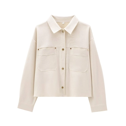 Women Suede Texture Short Jacket Long Sleeve Polo Collar Solid Color Single Breasted Utility Jacket With Flap Pockets Outerwear
