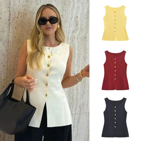 Dames Casual Gebreide Bodywarmer Tank Top Slim Fit Ronde Hals Gouden Knappen Mouwloos Rib Top Met Split Zoom Mode