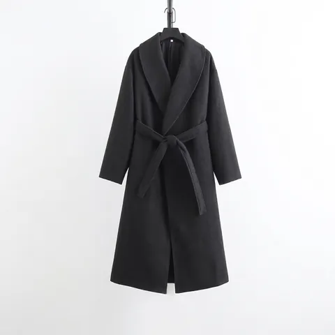 Cappotto Lungo Stile Lana da Donna Collo Sciallato Vestibilità Aderente con Cintura Tinta Unita Autunno Inverno