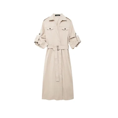 Abiti Midi Donna Stile Trench Elegante Con Cintura Cachi Manica Lunga Revers Bottoni Abito Per Autunno Quotidiano Casual