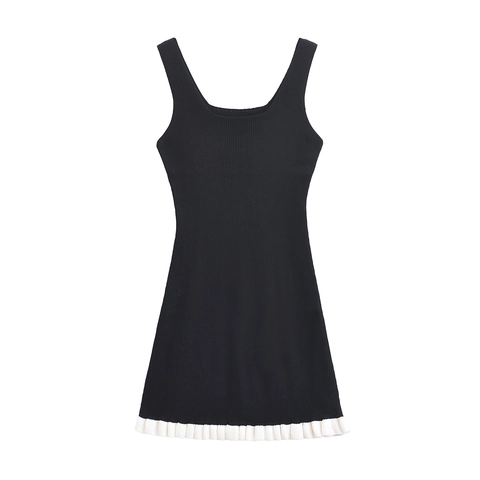 Dames Ribgebreid Mouwloos Mini-Jurk Contrast Ruffelrand Katoenmix Slim Fit Bodycon Zomer Strandjurk