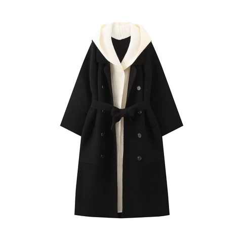 Women Hooded Fake Two Piece Knit Coat Autumn Winter Elegant Color Block Double Breasted Belted Long Cardigan Top Jacket