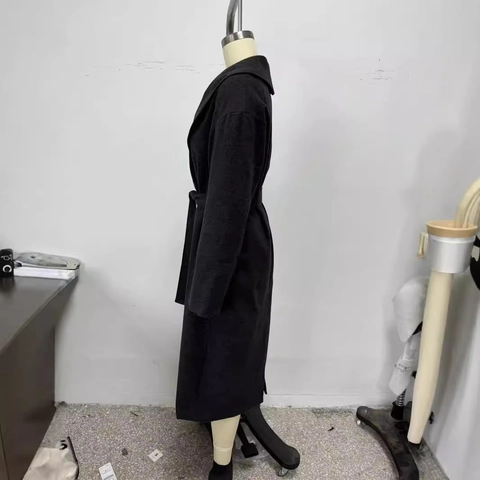 Cappotto Lungo Stile Lana da Donna Collo Sciallato Vestibilità Aderente con Cintura Tinta Unita Autunno Inverno