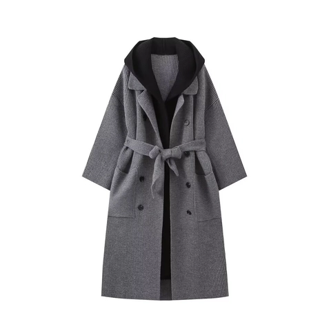 Women Hooded Fake Two Piece Knit Coat Autumn Winter Elegant Color Block Double Breasted Belted Long Cardigan Top Jacket
