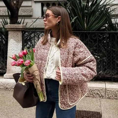 Giacca Trapuntata Vintage da Donna con Stampa Floreale Collo in Piedi Cappotto di Cotone Imbottito Streetwear Casual Caldo Autunno Inverno