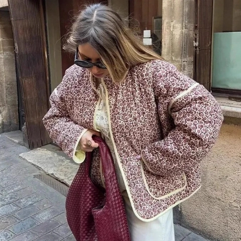 Giacca Trapuntata Vintage da Donna con Stampa Floreale Collo in Piedi Cappotto di Cotone Imbottito Streetwear Casual Caldo Autunno Inverno