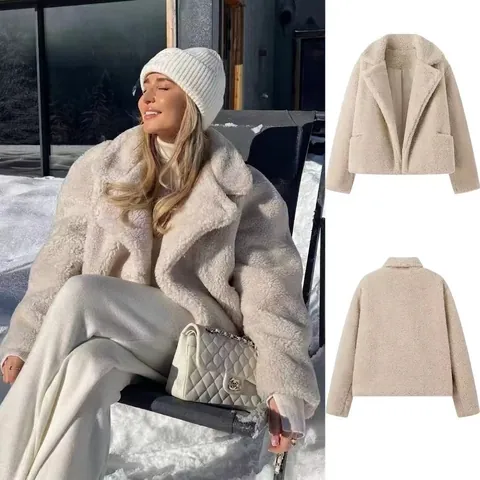 Women Street Fashion Faux Lamb Wool Lapel Jacket Loose Thick Teddy Velvet Short Coat Winter Warm Solid Color Outerwear