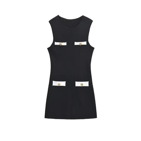 Elegantes Ärmelloses Strick Minikleid Für Damen Kontrastbesatz Tweed Stil Mit Goldenen Knöpfen Rundhalsausschnitt Slim Fit Kleid