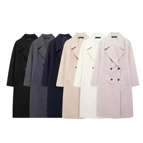 Abrigo de Lana Largo Elegante para Mujer Corte Holgado Doble Botonadura Cuello de Traje Color Sólido Otoño Invierno Chaqueta Cálida