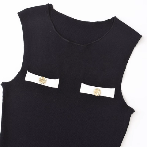 Elegantes Ärmelloses Strick Minikleid Für Damen Kontrastbesatz Tweed Stil Mit Goldenen Knöpfen Rundhalsausschnitt Slim Fit Kleid