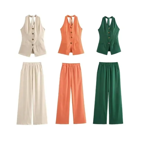 Women Halter Tie-up Waistcoat Top And Wide Leg Pants Linen Cotton Blend Casual Two Piece Co-ord For Summer Vacation