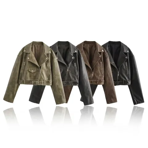 Women Faux Leather Biker Jacket Long Sleeve Lapel Neck With Belt Short PU Motorcycle Coat Autumn Winter Outerwear