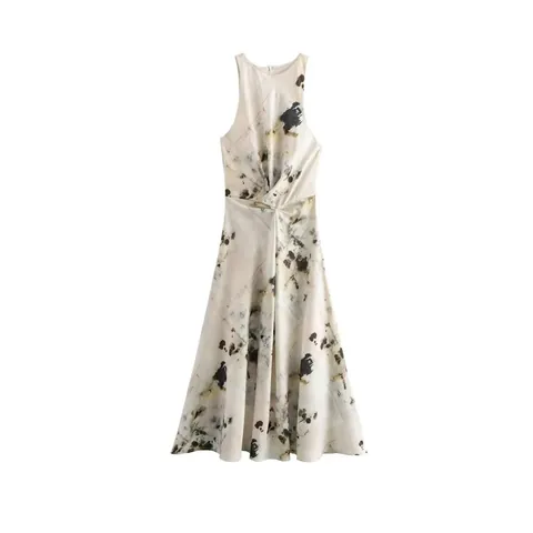 Vestido Midi Plisado Sin Mangas Elegante Con Estampado Abstracto De Tinta Para Mujer Verano Vestido De Fiesta Artístico Línea A