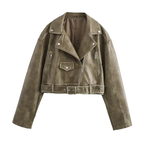 Women Faux Leather Biker Jacket Long Sleeve Lapel Neck With Belt Short PU Motorcycle Coat Autumn Winter Outerwear