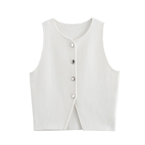 Gilet da Donna in Maglia a Punto Liscio Top Corto Senza Maniche con Bottoni Metallici Irregolari Casual Urbano Primavera