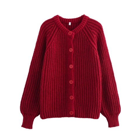 Dames Ronde Hals Grof Gebreid Vest Lange Mouw Effen Kleur Geribbelde Knoopsluiting Streetwear Trui Voor Herfst Winter