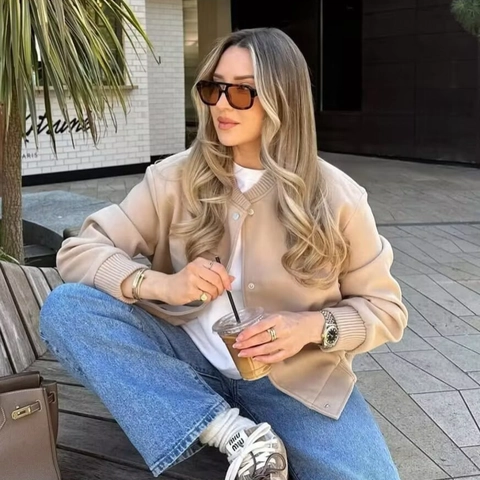 Cazadora Bomber Casual Holgada Mujer Textura Lana Cuello Alzado Botones Chaqueta Corta Moda Otoño Invierno Color Sólido