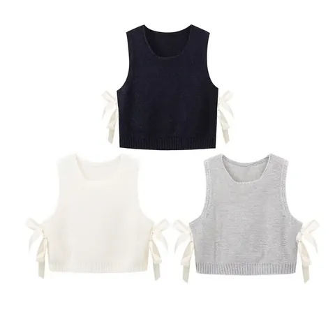 Gilet en Tricot pour Femmes Automne Hiver Col Rond Sans Manches Pullover Nœud Latéral Satin Lacets Boutons Débardeur Tricoté