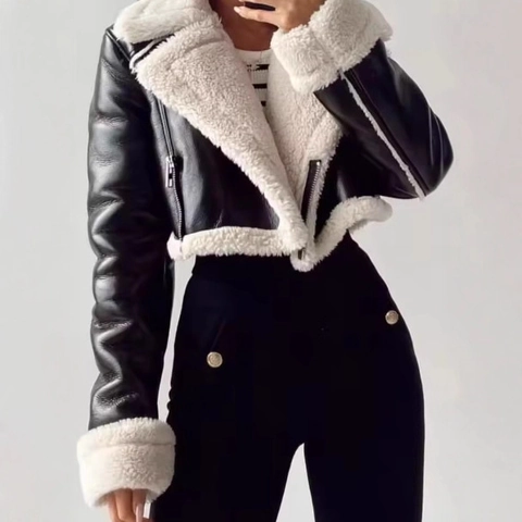 Women Faux Leather Shearling Jacket Cropped Motorcycle Coat Lamb Wool Lapel Contrast Color Biker Jacket Winter Warm Outwear