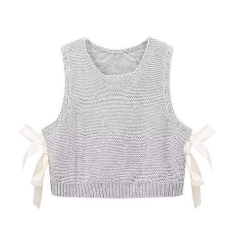 Gilet en Tricot pour Femmes Automne Hiver Col Rond Sans Manches Pullover Nœud Latéral Satin Lacets Boutons Débardeur Tricoté