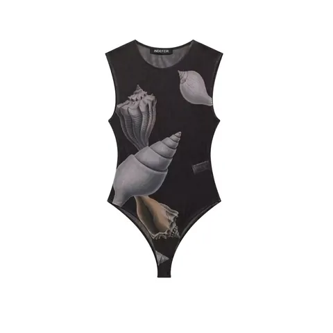 Body Sexy sin Mangas de Malla para Mujer Estampado de Conchas Transparente Corte Alto Slim Fit para Vacaciones Playa Fiesta Moda Verano