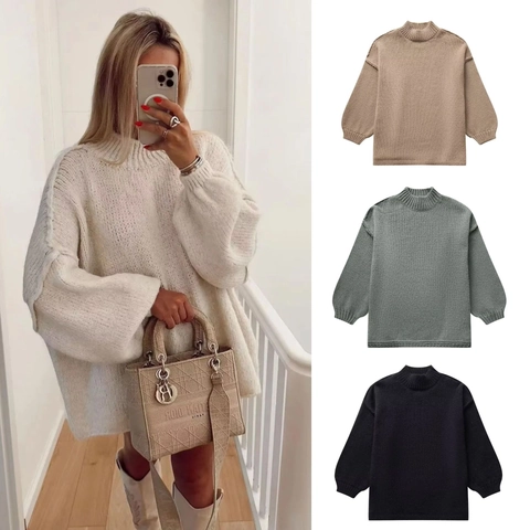 Maglione in Maglia Oversize da Donna Casual Collo a Lupetto Manica a Lanterna Spalla Cadente Tinta Unita Pullover Largo
