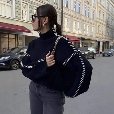 Γυναικείο Πουλόβερ Ζιβάγκο Color Block Casual Oversized Πλεκτό Τοπ Με Αντίθεση Ραφών Μακρυμάνικο Ρούχο
