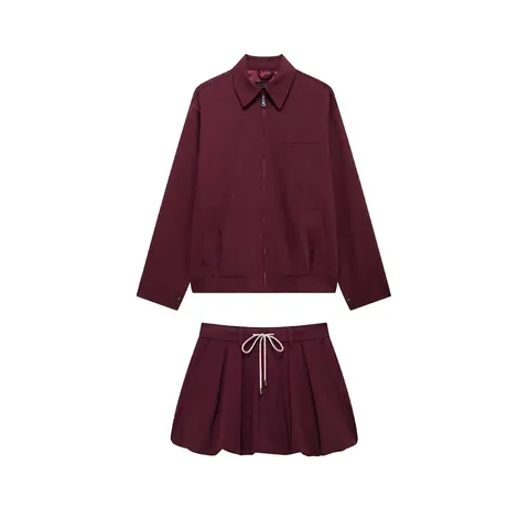 Women Casual Two Piece Set Zipper Lapel Jacket And Lantern Mini Skirt Solid Color Polyester Blend Fashion Streetwear Outfit