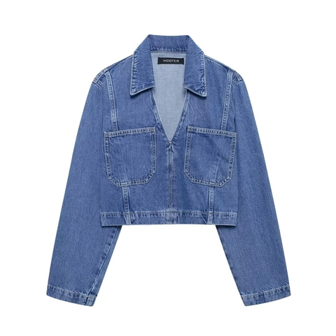 Women Casual Cropped Denim Jacket Streetwear Fashion Long Sleeve V Neck Polo Collar Top With Pockets Polyester Denim Shirt