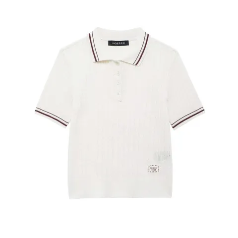 Damen Kurzarm Strick Poloshirt Zopfmuster Kontraststreifen Reverskragen Top California 1986 Preppy Style Casual Strickwaren