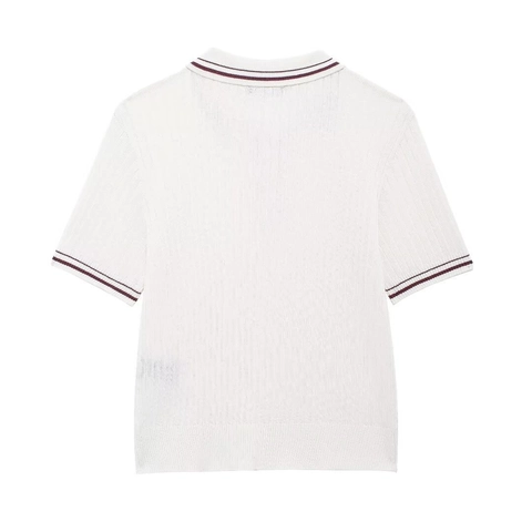 Damen Kurzarm Strick Poloshirt Zopfmuster Kontraststreifen Reverskragen Top California 1986 Preppy Style Casual Strickwaren