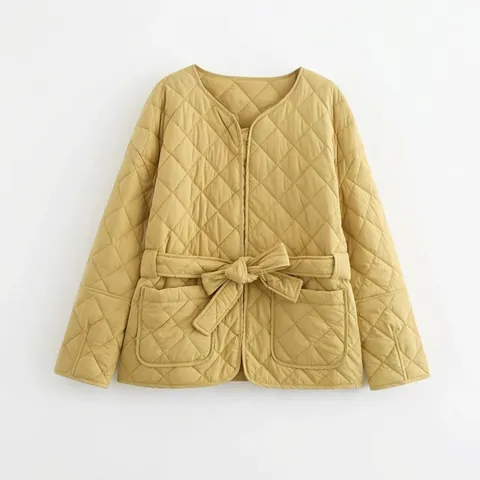 Damen Mode Ingwergelb Rautensteppung Jacke Mit Gürtel Lässig V-Ausschnitt Leichte Wattierte Mantel Für Herbst Winter