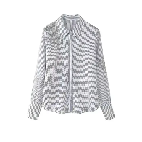 Camicia da Donna Elegante a Righe a Manica Lunga Con Ricamo a Foglia di Perline Colletto a Punta Camicetta Casual Ufficio Top