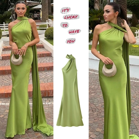 Elegant Women Halter Neck Backless Satin Maxi Dress Sleeveless Pleated Evening Gown With Ribbon For Wedding Party Banquet