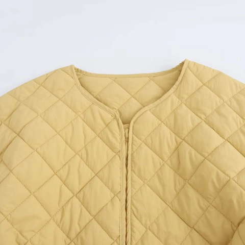 Damen Mode Ingwergelb Rautensteppung Jacke Mit Gürtel Lässig V-Ausschnitt Leichte Wattierte Mantel Für Herbst Winter