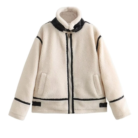 Women's Casual Sherpa Lamb Wool Biker Jacket Faux Fur Fleece Coat With Contrast PU Leather Piping Zip Up Winter Outerwear